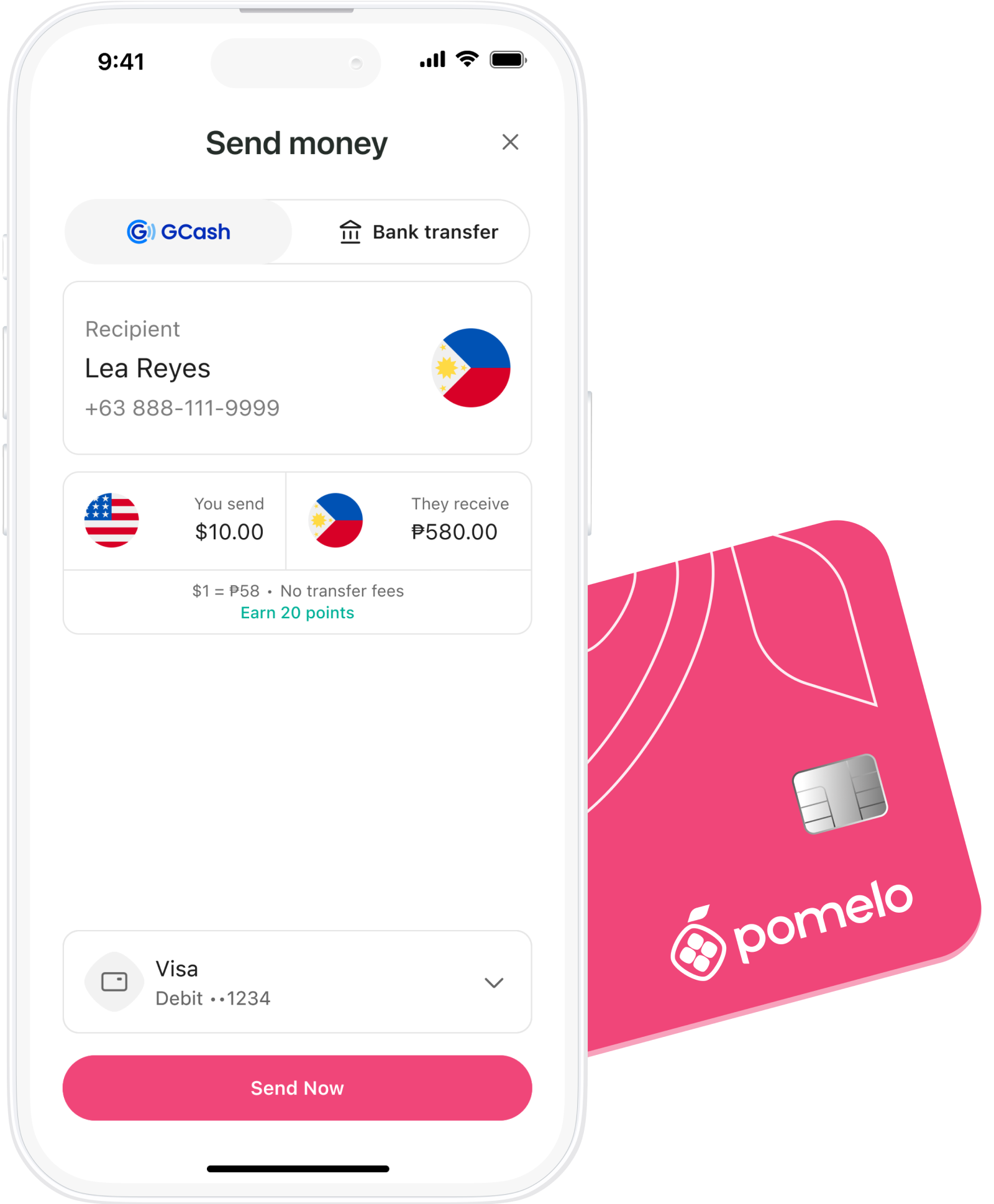 Send Money cross border with zero transfer fees - earn points on every transfer.